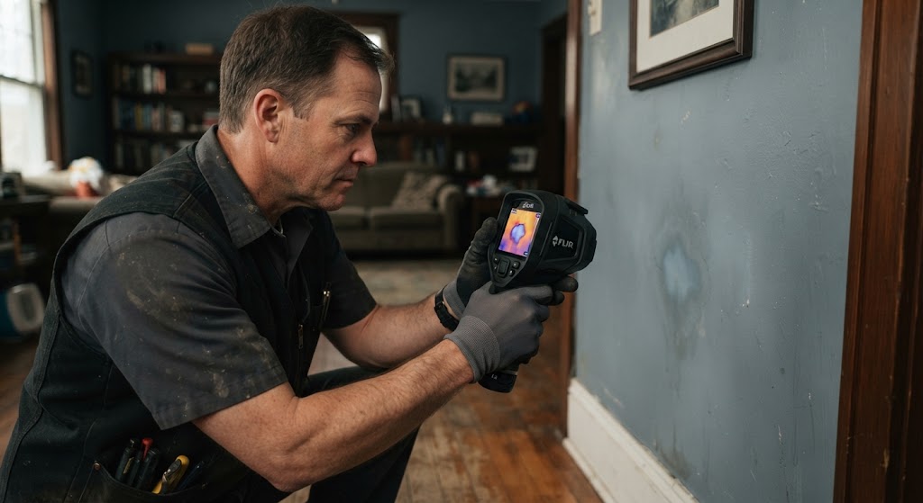 High-resolution thermal camera pinpointing hidden water leak behind Kearny NJ drywall